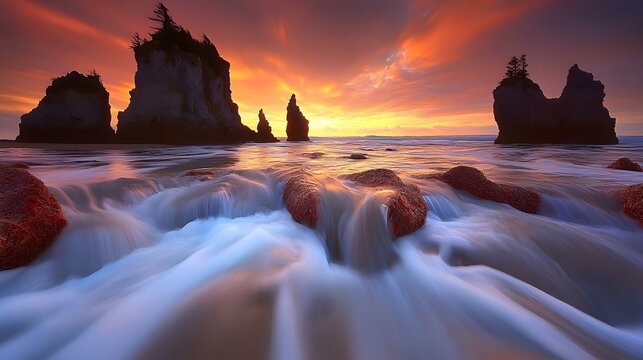 Stunning Sunset Seascape with Ocean Rocks and Flowing Water