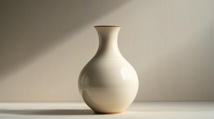 Simple elegant beige ceramic vase with a matte finish standing alone on a light surface illuminated by soft natural light, creating calm and minimalistic atmosphere