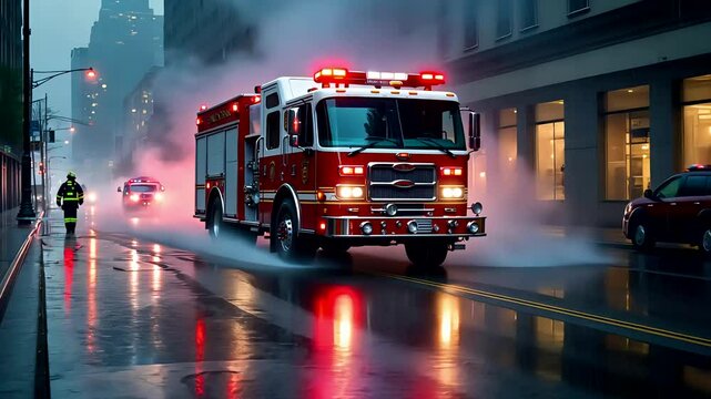 Firetruck Driving Through City Street in Smoke and Lights