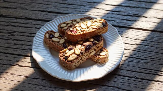 Sunlit biscotti arrangement on rustic wooden table emphasizing morning light and cozy vibes