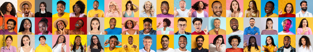 Poster A vibrant collage features a diverse group of smiling individuals from various backgrounds expressing joy. This visual celebrates unity in diversity through playful interactions and warm expressions.