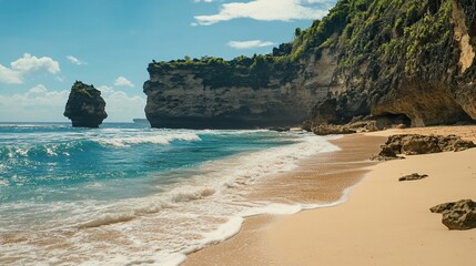 Fototapeta premium Beautiful view of a sandy beach with cliffs and turquoise waves on a sunny day