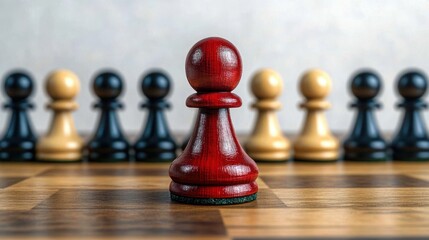 red pawn chess piece standing out prominently on a wooden chessboard with alternating light and dark squares and rows of black and light-colored pawns blurred in the background
