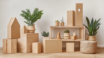Stylish, minimalist display of wooden blocks and plants.