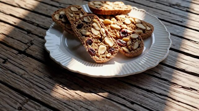 Sunlit almond and cranberry biscotti on rustic wooden table in changing light