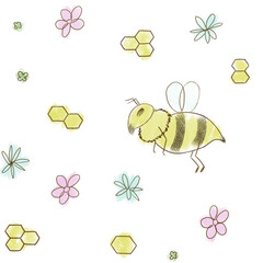 Seamless bee pattern with flowers and honeycomb on transparent background. Cute hand-drawn childish style