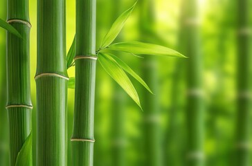 Close-up of fresh green bamboo stalks with slender green leaves against a softly blurred bamboo forest background