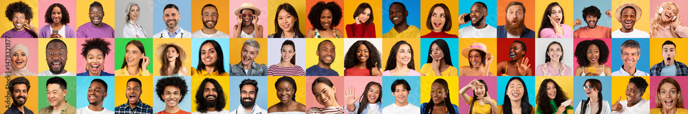 Poster A colorful collection of diverse individuals representing different backgrounds is smiling and engaging with each other.