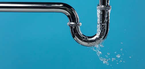 Leaking water from chromium stainless steel pipe under sink. Drain leak water from pipe plumbing in bathroom as water clogged drop. Blue bathroom background isolated