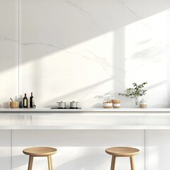 Contemporary kitchen design with marbled wall and wooden stools.