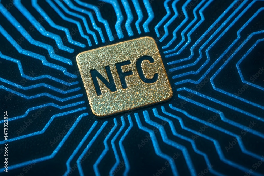 Poster a close-up view of a gold nfc chip embedded in a futuristic circuit board. concept of modern contact
