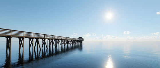 Obraz premium Wooden Pier Over Calm Ocean Under Sunny Blue Sky
