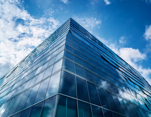 Obraz premium modern glass office building with a sleek design against a blue sky and clouds the building is viewed from a low angle giving it a towering presence