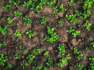 Obraz premium Fresh Green Seedlings Growing in Rich Brown Soil Under Bright Light