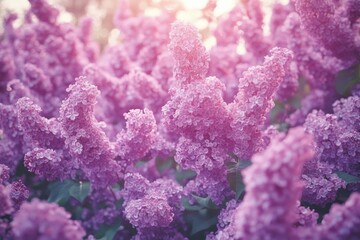Close-up view of vibrant purple lilac flowers blooming abundantly with soft sunlight creating a dreamy and peaceful atmosphere