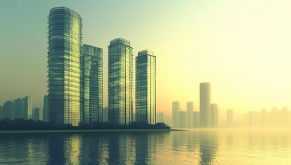 Fototapeta premium Pixelated Cityscape At Sunrise Over Water