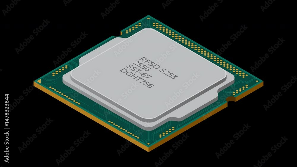 Fototapete Isometric processor animation. Central processing unit or CPU. Computer hardware components. Semiconductor technology concept. Transparent background with alpha channel