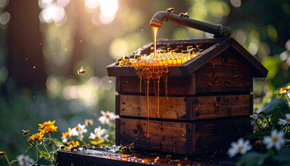 Compost bin honey dripping from its tap, macro honeycomb. Generated Image