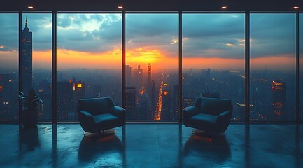 Modern Office Space Mockup with Two Chairs Overlooking City Skyline at Sunset with Dramatic Clouds and Warm Orange Hues

