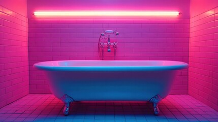 Classic clawfoot bathtub in a tiled bathroom with vibrant pink and blue neon lighting creating a modern, moody atmosphere