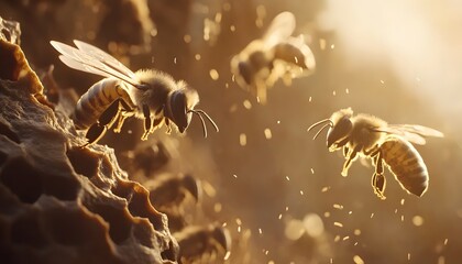Fototapeta premium Golden light illuminates busy bees near honeycomb.