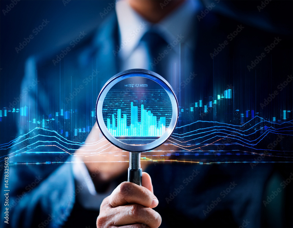 Poster data analysis research magnifying glass business concept exploring data insights examination