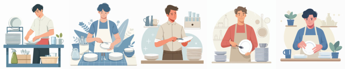 vector character man arranging plates