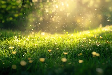 Golden Sunlight On Dewy Meadow Grass
