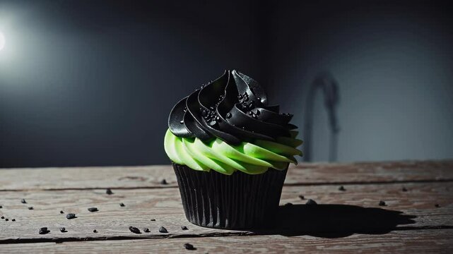 Elegant black and green cupcake in minimalist spotlight setting on wooden table
