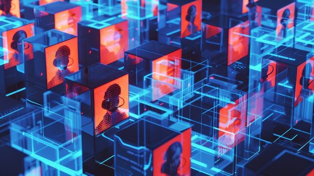 isometric D call center with AI avatars resolving customer queries blue and orange on avatar .