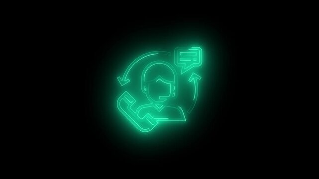 Customer support neon icon animation with glowing cyan contact center symbol on dark background.