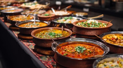 Obraz premium Delicious Indian Cuisine Buffet Restaurant Food Variety Dishes Spicy Aromatic Flavors Traditional Clay Pots Authentic Indian Meal Culinary Experience 