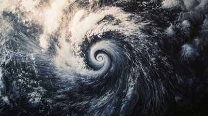Fototapeta premium Satellite view of powerful hurricane over ocean, with swirling black and white clouds, defined eye wall, strong winds, stormy sea, and dramatic spiral weather patterns in motion.
