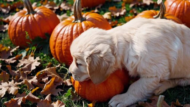 Playful puppy exploring pumpkin patch amidst autumn leaves