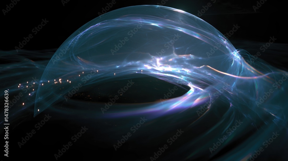 Poster a panoramic image of a celestial body enveloped in a swirling iridescent firewall with streams of li