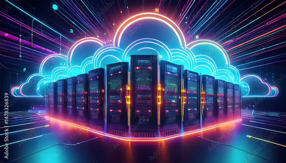 Poster vibrant digital illustration of a cloud computing network showcasing servers and data flow neon colo