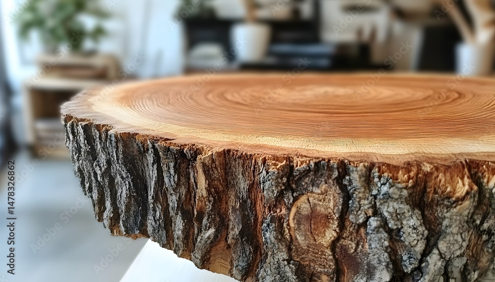 Poster close-up view of a circular wooden table top made from a tree trunk slice.