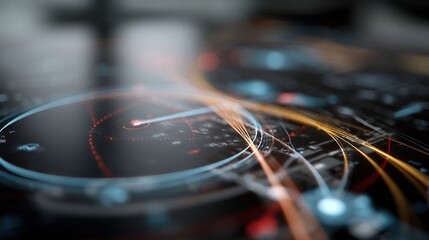 Obraz premium A closeup view of a dynamic holographic interface reveals detailed flight data and realtime statistics with transparent flight paths pulsating and intersecting strategically as they