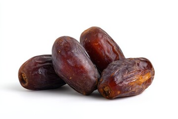 Obraz premium Close-up of four dates, showcasing their rich brown color and wrinkled texture against a clean white background.