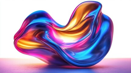Obraz premium Abstract smooth flowing liquid-like shape with vibrant metallic blue, orange, pink, and purple colors on a reflective surface creating a futuristic and dynamic feel