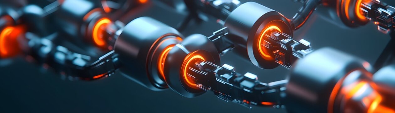 Complex mechanical system with glowing components.