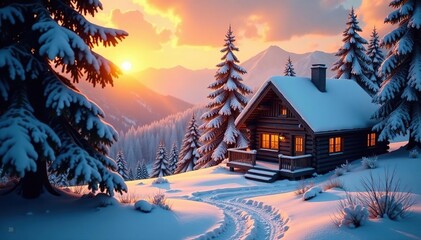 Fototapeta premium Cozy winter scene with warm-toned lighting, snow-covered trees, and a rustic cabin , cold, festive