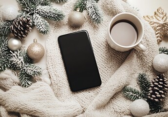 Cozy Holiday Mockup with Smartphone Steaming Coffee Pinecones Gold Ornaments on Knit Blanket

