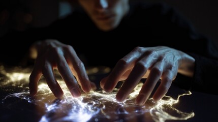 Closeup of an artists hands gliding over a glowing interface that generates complex abstract shapes with intricate details emerging in a fluid organic manner reflecting the seamless