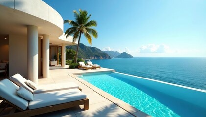 Fototapeta premium Sun-drenched, opulent villa with infinity pool overlooking ocean , sunrise, tranquil, wealthy