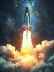 Rocket Launch in Space with Bright Flames and Cosmic Background