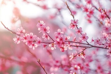 Obraz premium Close-up of delicate pink cherry blossom flowers on tree branches with soft sunlight and blurred background creating a serene and gentle spring atmosphere