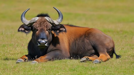 Majestic Male Gaur Lying in Lush Green Grassland