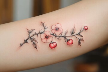 Obraz premium delicate tattoo of a flowering branch with pink blossoms and red cherries on light skin, featuring fine details and soft shading