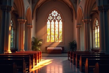 Obraz premium Serene church interior, stained glass window illuminating altar Peaceful, spiritual atmosphere , divine, interior